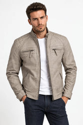 Men's Beige Real Leather Biker Style Jacket