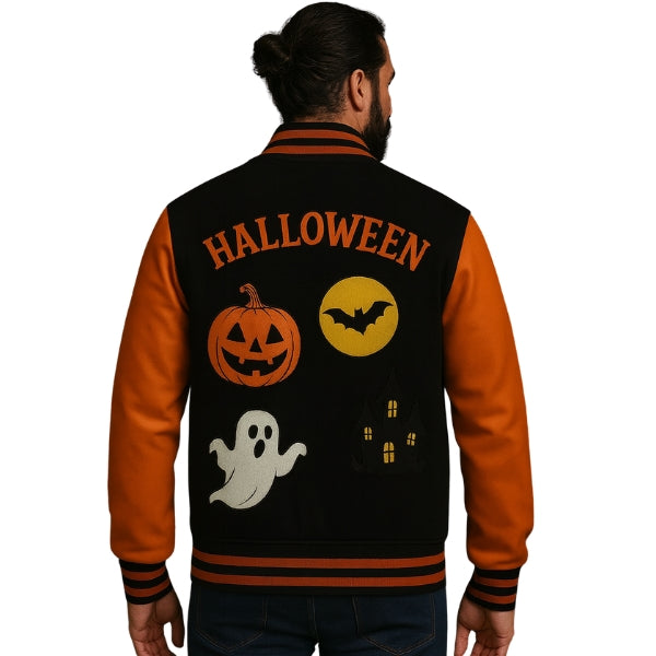 Men's Black And Orange Varsity Wool Jacket