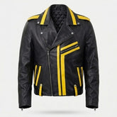 Men's Black And Yellow Sheepskin Leather Biker Jacket