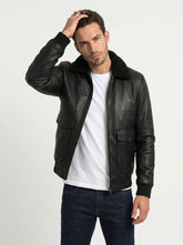 Men's Black Aviator Bomber Leather Jacket with Faux Fur Collar