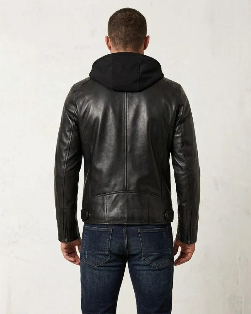 Men's Black Biker Style Leather Jacket with Removable Hood