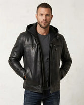 Men's Black Biker Style Leather Jacket with Removable Hood