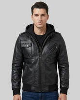 Men's Black Bomber Leather Jacket With Removable Hood