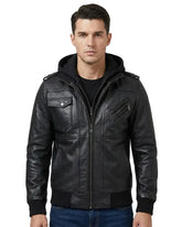 Men's Black Bomber Leather Jacket With Removable Hood
