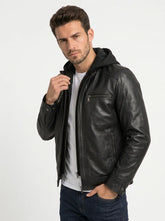 Men's Black Bomber Leather Jacket with Removable Gray Hood