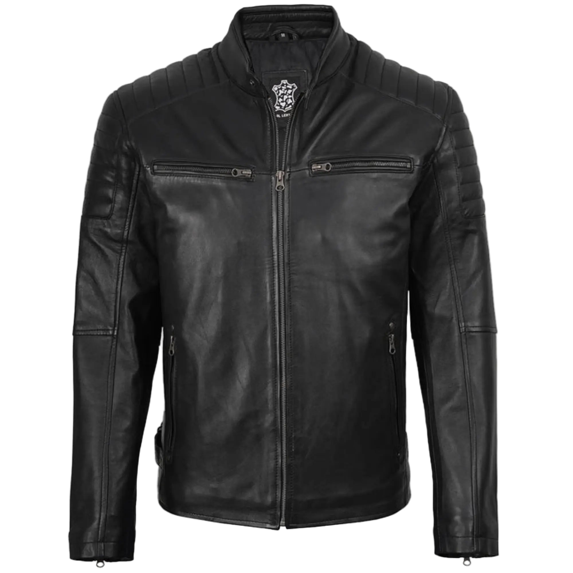 Black leather jacket on a white background