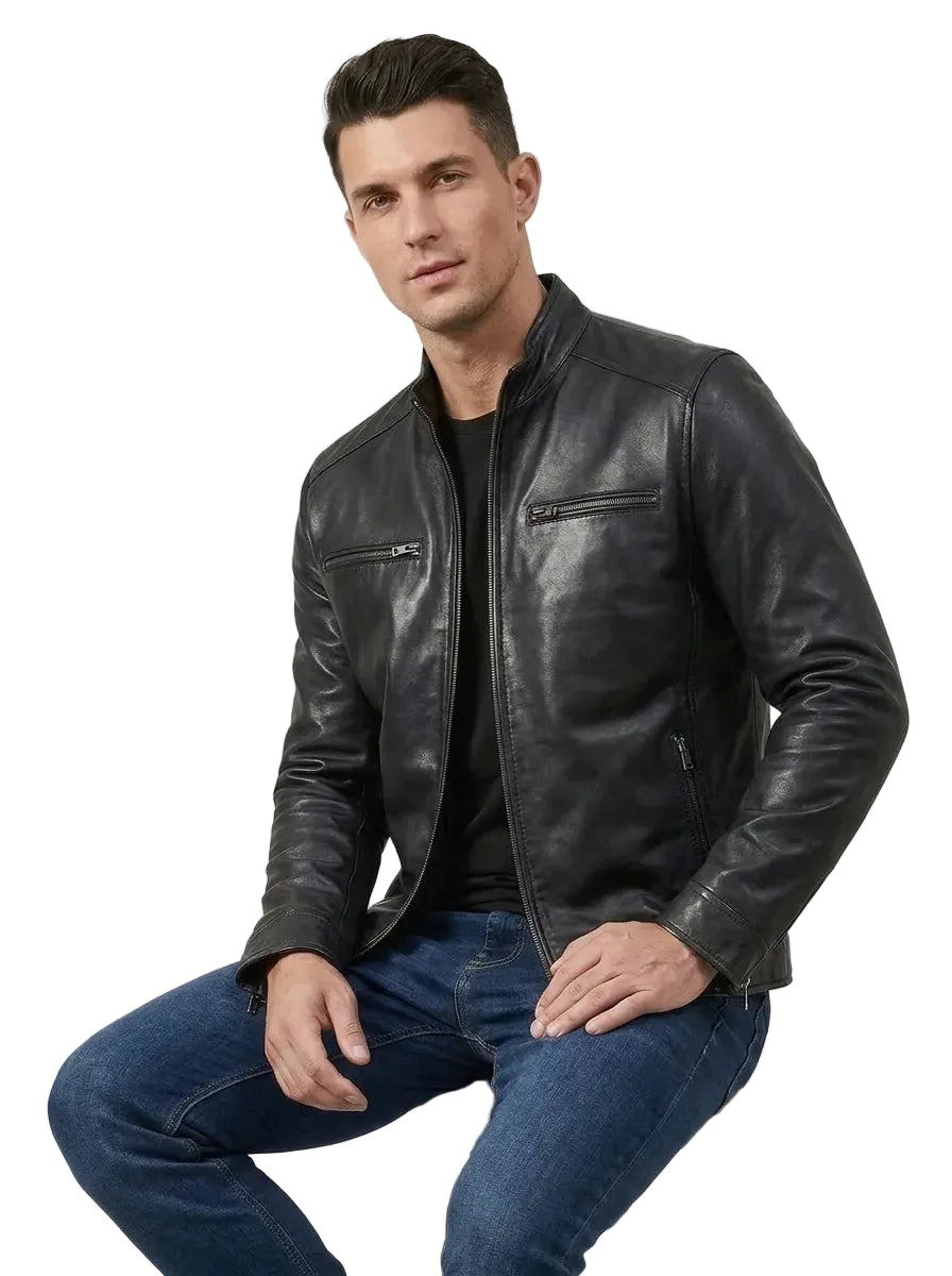 Men's Black Cafe Racer Sheepskin leather Jacket