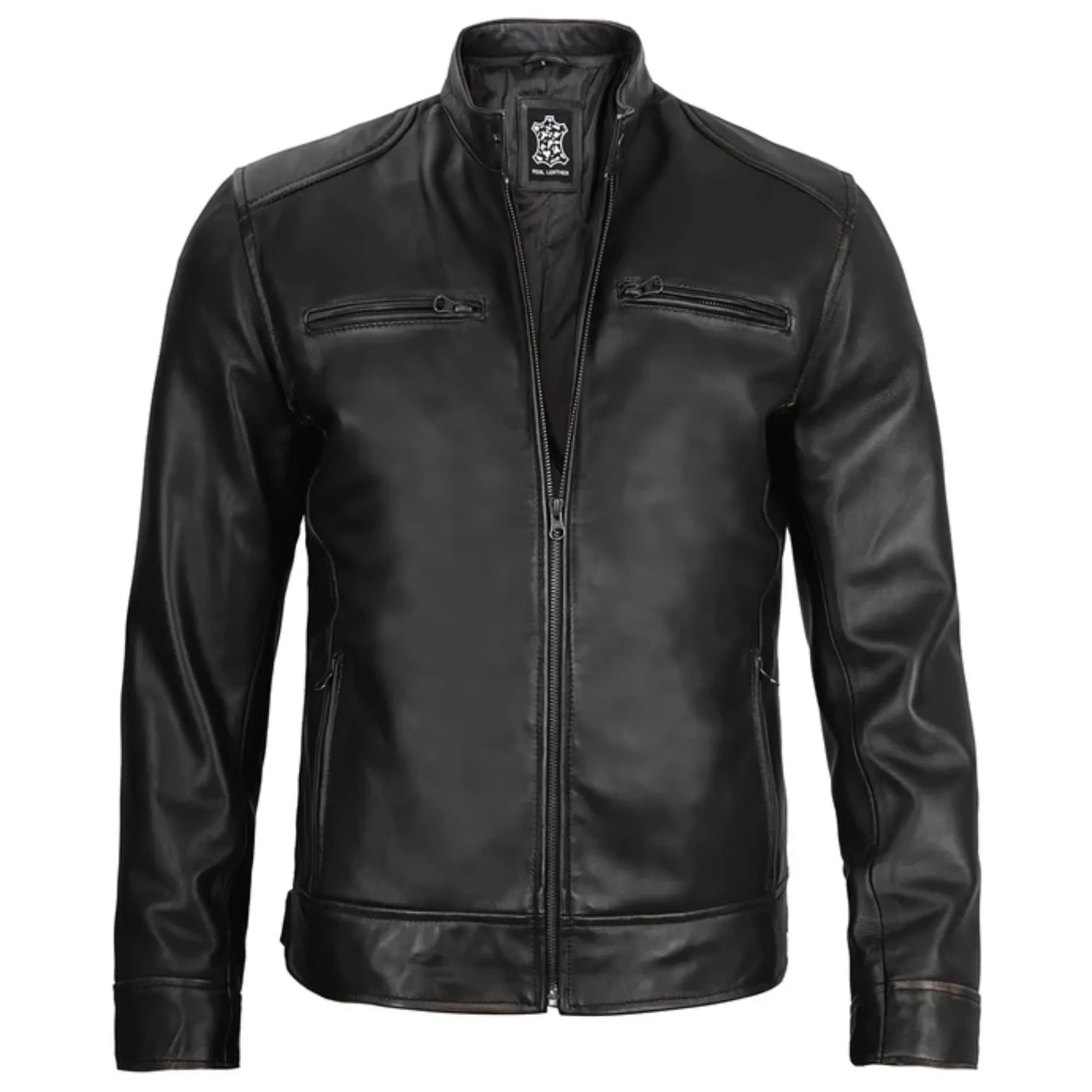 Men's Black Cafe Racer Sheepskin leather Jacket