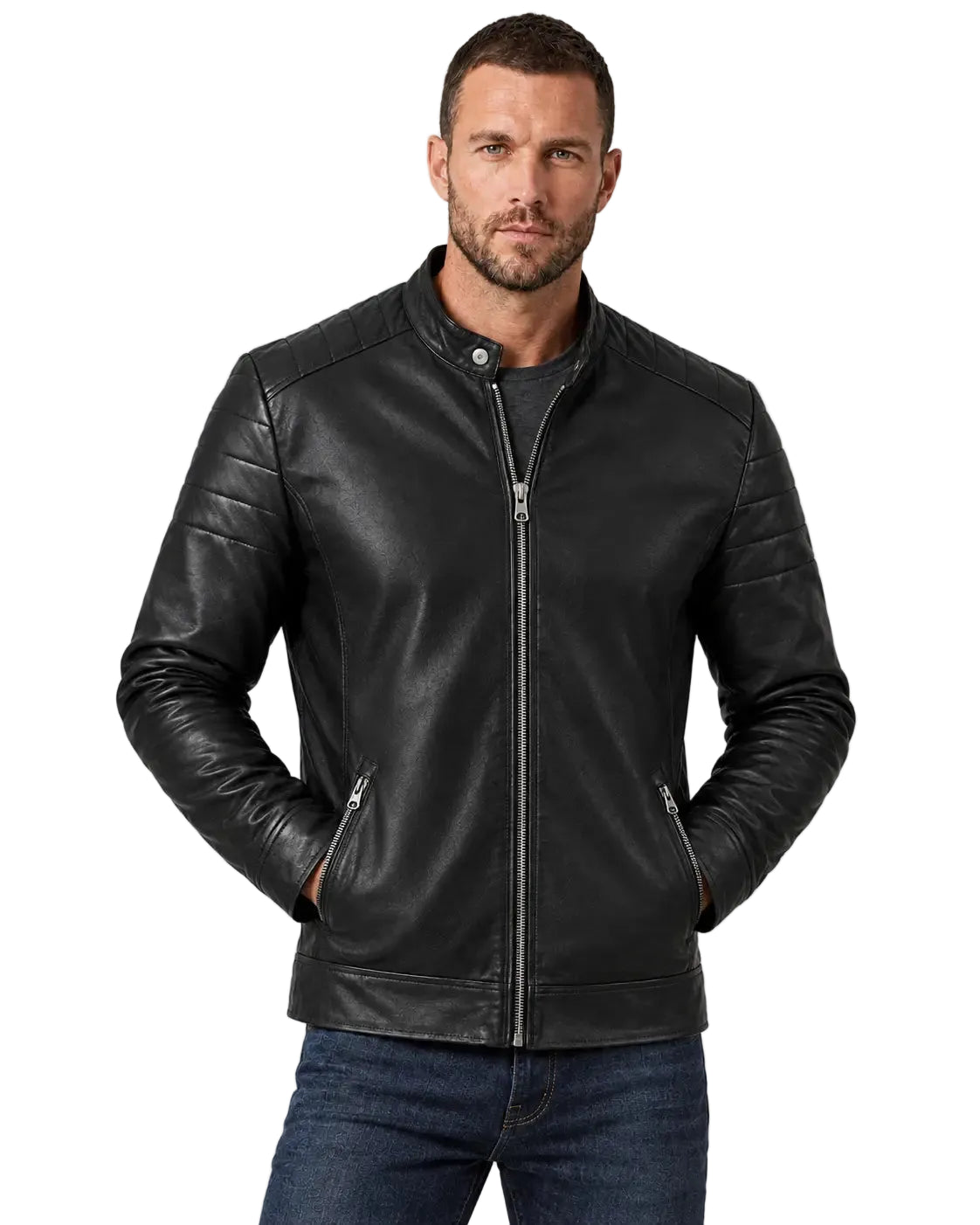 Men's Black Cafe Racer Style Leather Jacket