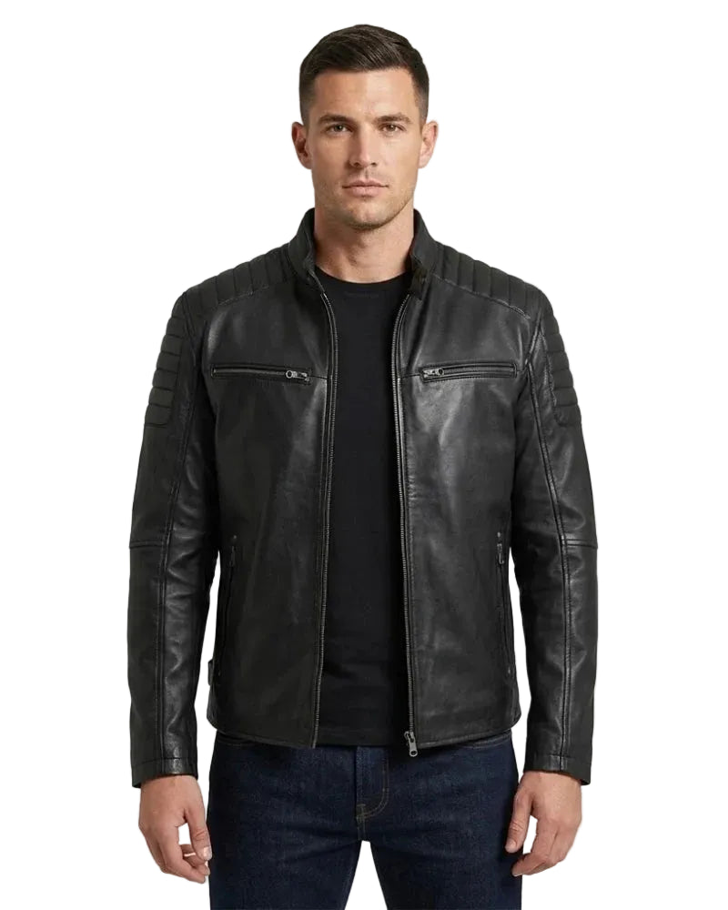 Men's Black Cafe Racer leather Jacket with Padded Shoulders