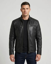 Men's Black Cafe Racer leather Jacket with Padded Shoulders