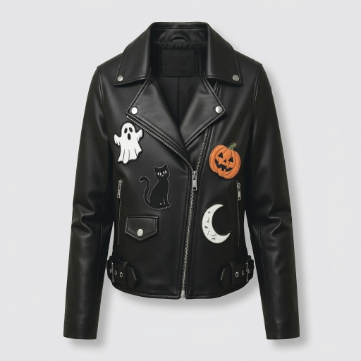 Men's Black Halloween Patch Sheepskin Leather Jacket