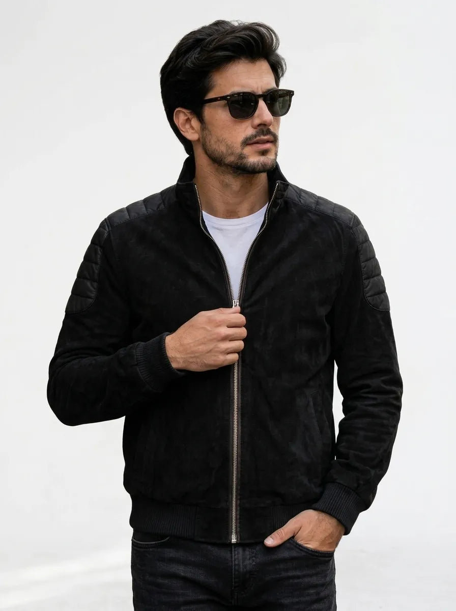Men’s Black Hybrid Suede Leather Bomber Jacket