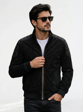 Men’s Black Hybrid Suede Leather Bomber Jacket