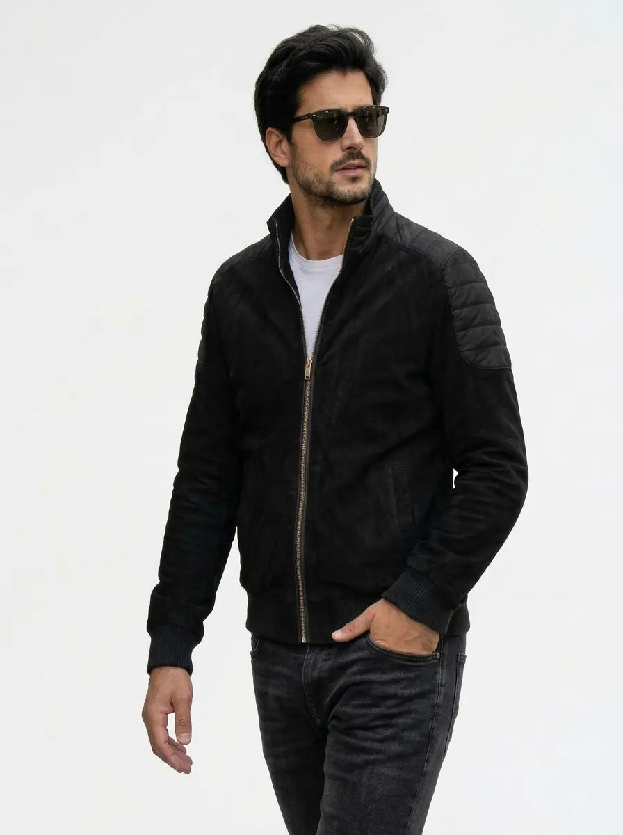 Men’s Black Hybrid Suede Leather Bomber Jacket