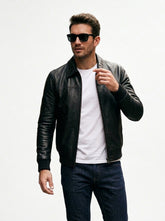 Men's Black Leather Bomber Jacket with Shirt Collar