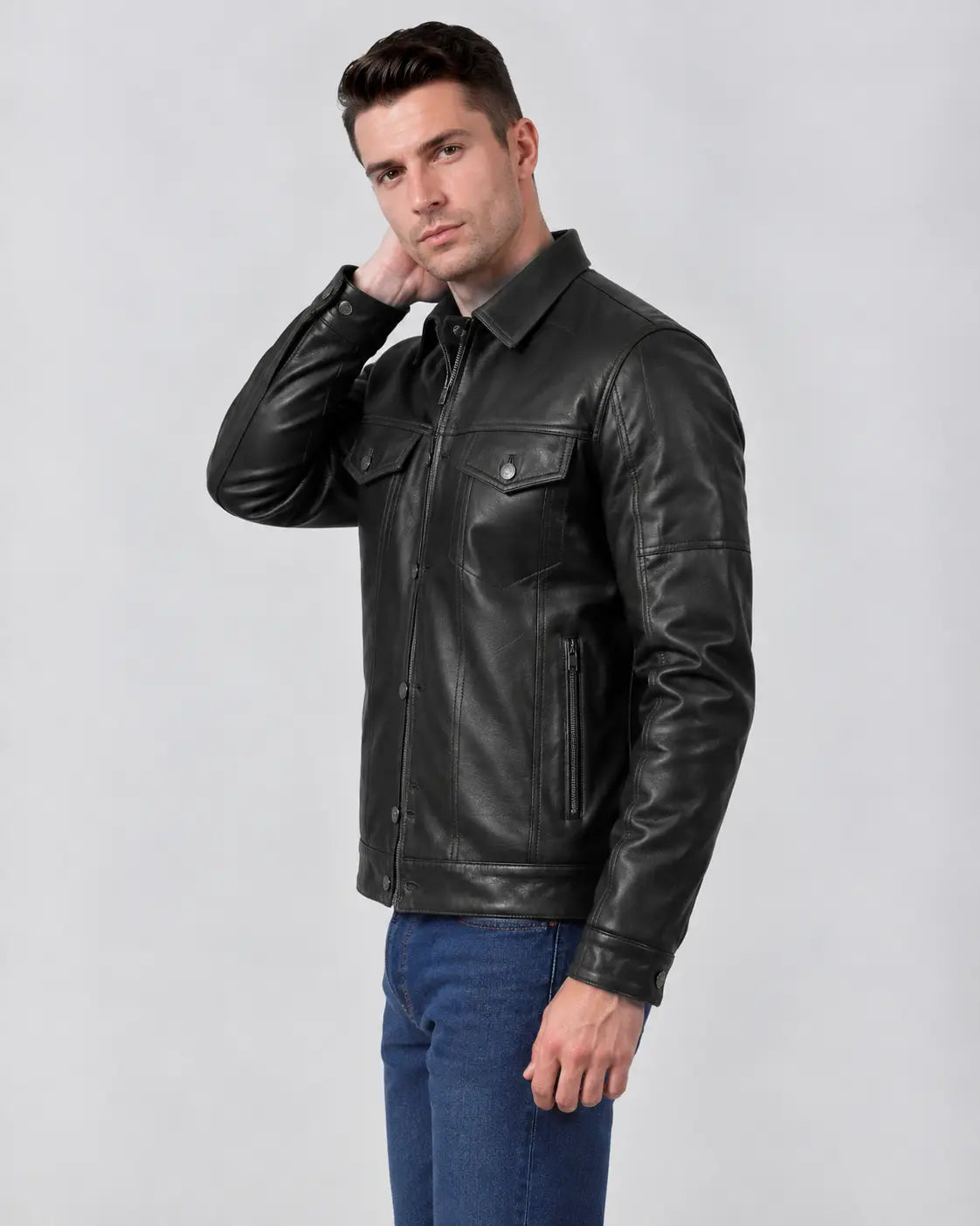 Men's Black Sheep Leather Trucker Jacket