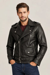 Men’s black belted biker leather jacket with an asymmetrical zipper, snap lapels and shoulder epaulettes.