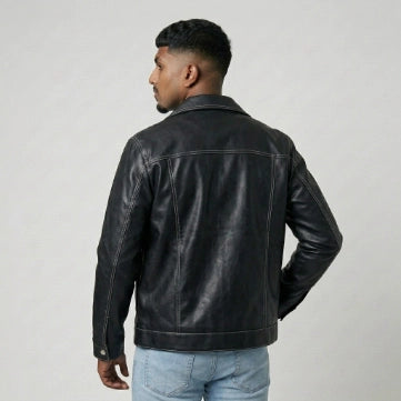 Men's Black Sheepskin Leather Trucker Style Jacket
