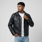 Men's Black Sheepskin Leather Trucker Style Jacket