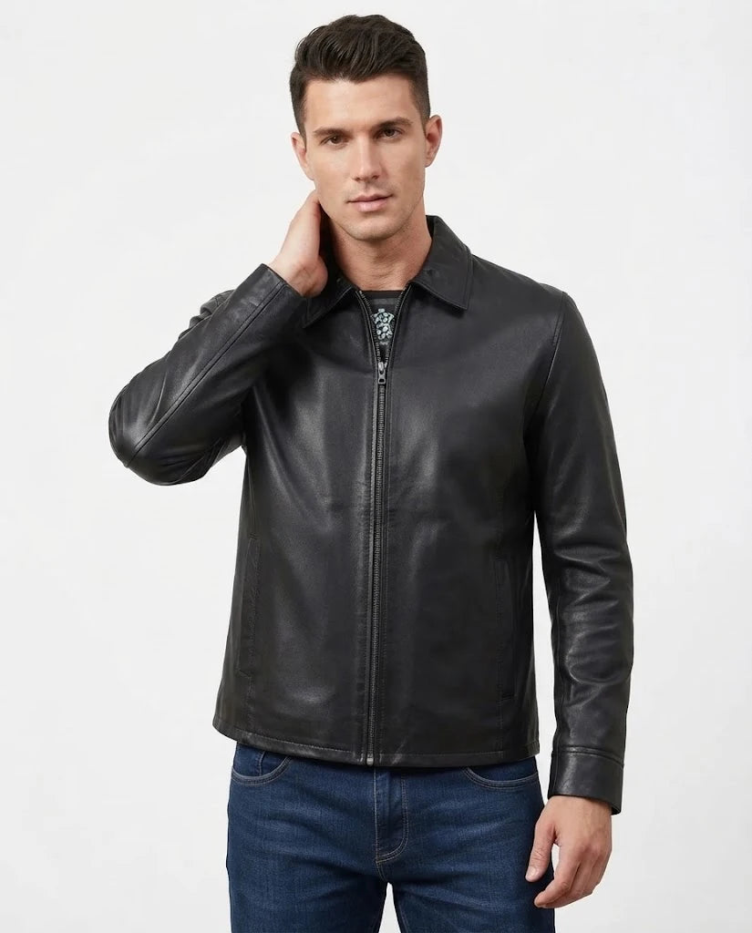 Men's Black Shirt Collar Sheepskin Leather Jacket