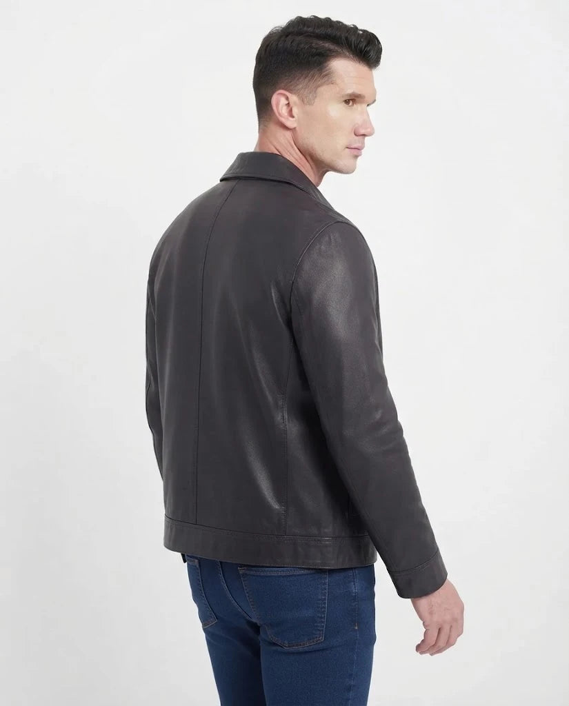 Men's Black Shirt Collar Sheepskin Leather Jacket