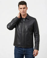Men's Black Shirt Collar Sheepskin Leather Jacket