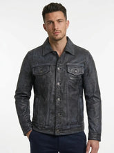 Men's Black Washed Leather Trucker Jacket