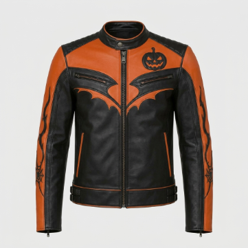 Men's Black and Orange Halloween Racing Leather Jacket