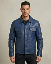 Men's Blue Leather Trucker Jacket