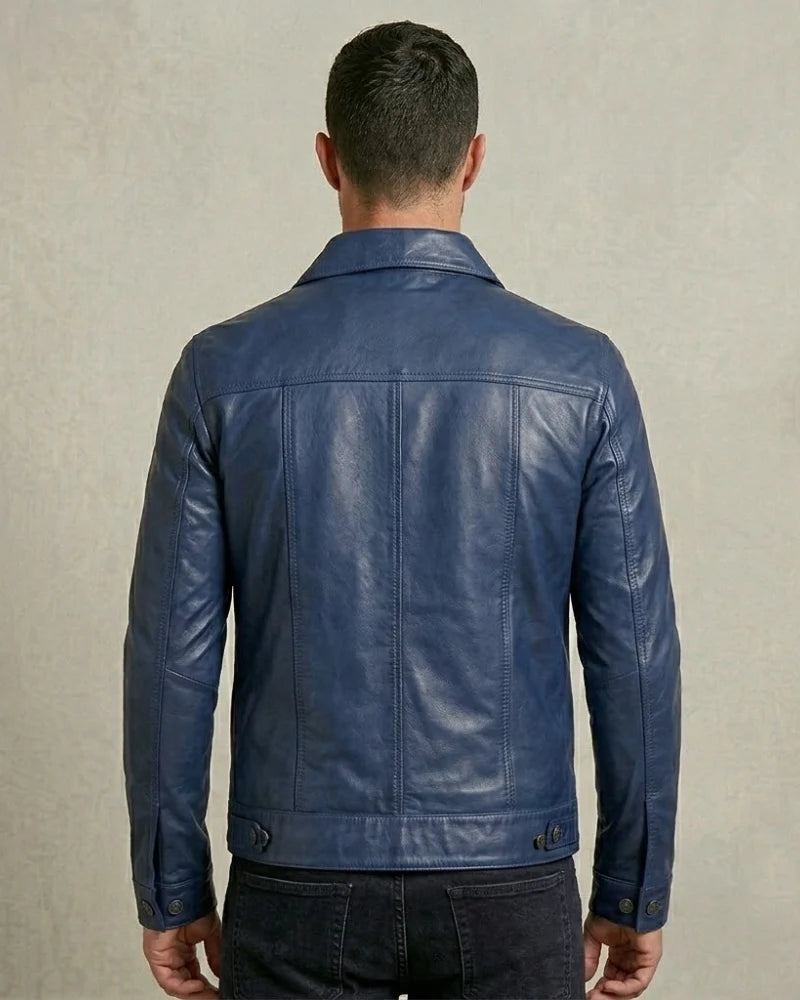 Men's Blue Leather Trucker Jacket