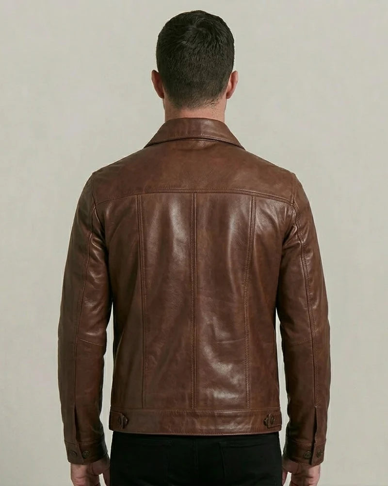 Men's Brown Sheepskin Leather Trucker Jacket