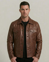 Men's Brown Sheepskin Leather Trucker Jacket