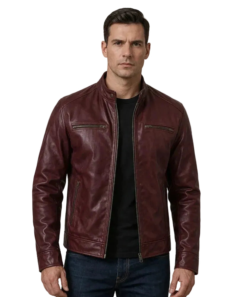Men's Cafe Racer Style Maroon Leather Jacket