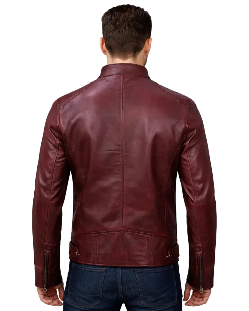 Men's Cafe Racer Style Maroon Leather Jacket - Unwind Leather