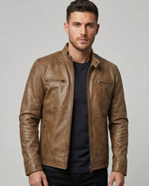 Men's Camel Brown Cafe Racer Leather Jacket