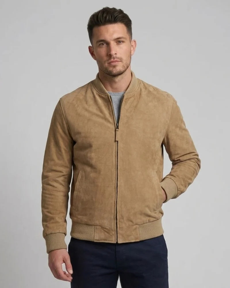 Men's Camel Brown Real Suede Leather Bomber Jacket