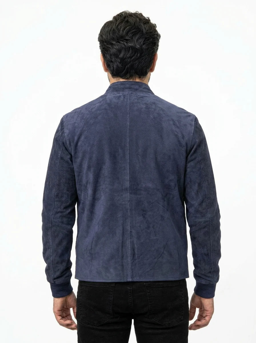 Men’s Charcoal Navy Blue Suede Biker Jacket