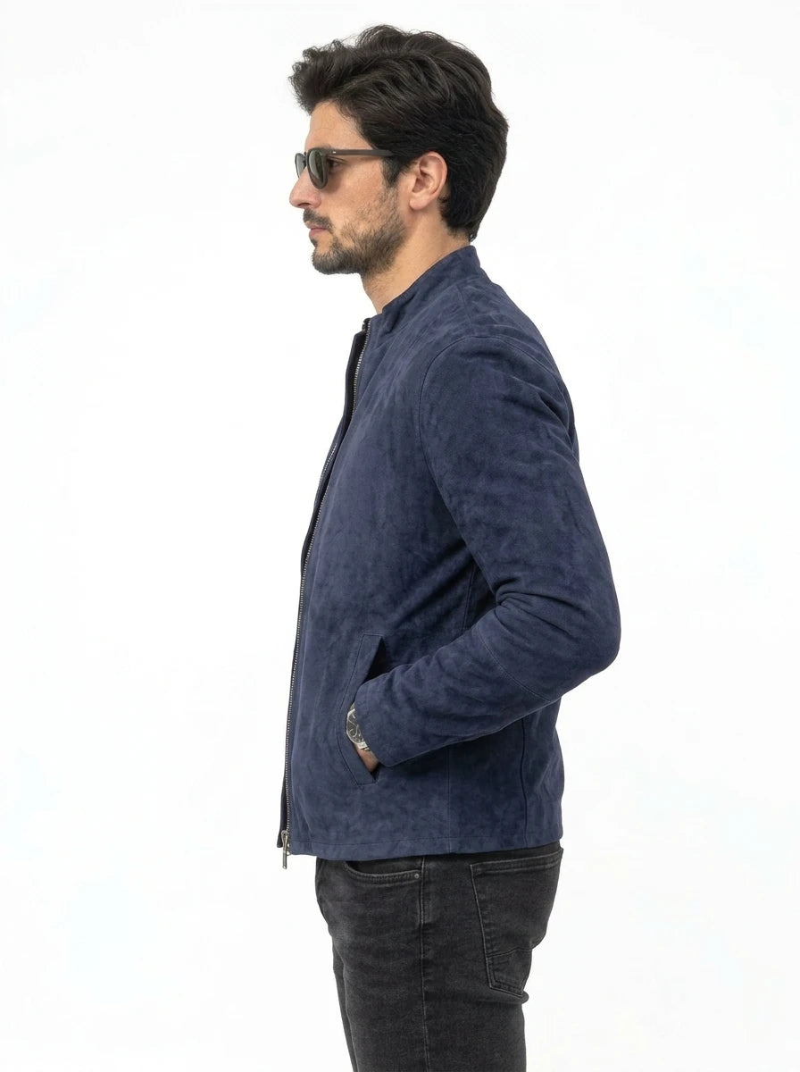 Men’s Charcoal Navy Blue Suede Biker Jacket