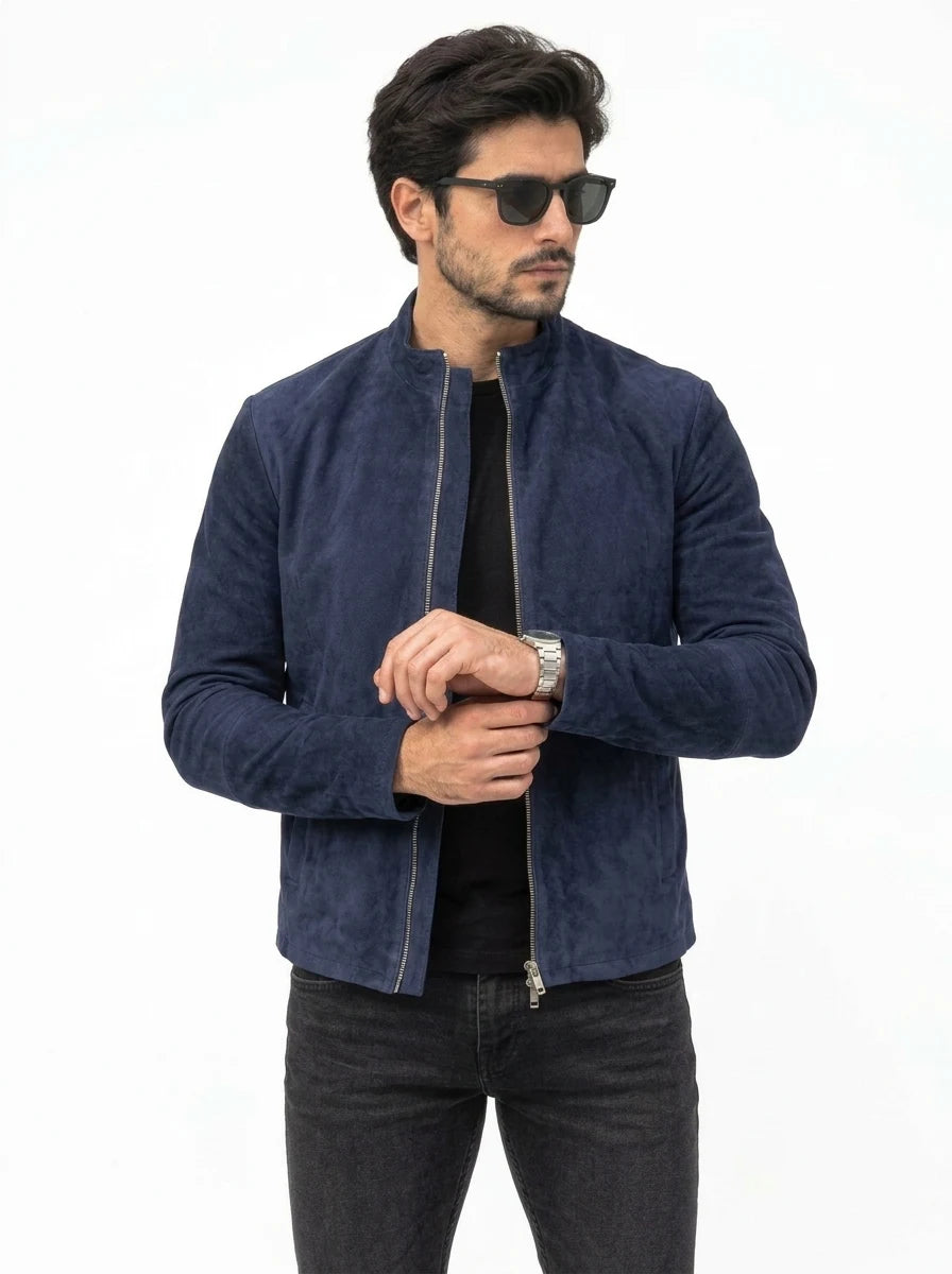Men’s Charcoal Navy Blue Suede Biker Jacket