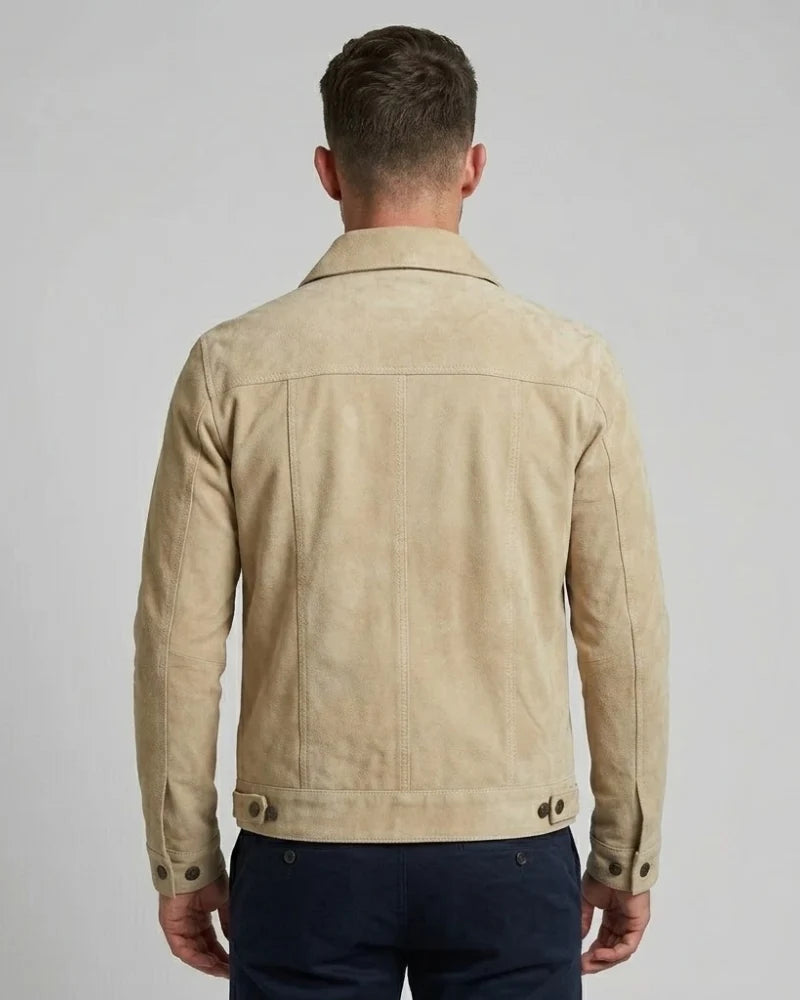 Men's Classic Real Suede Camel Trucker Style Leather Jacket