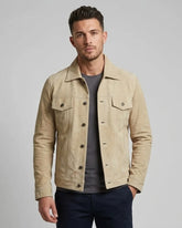 Men's Classic Real Suede Camel Trucker Style Leather Jacket