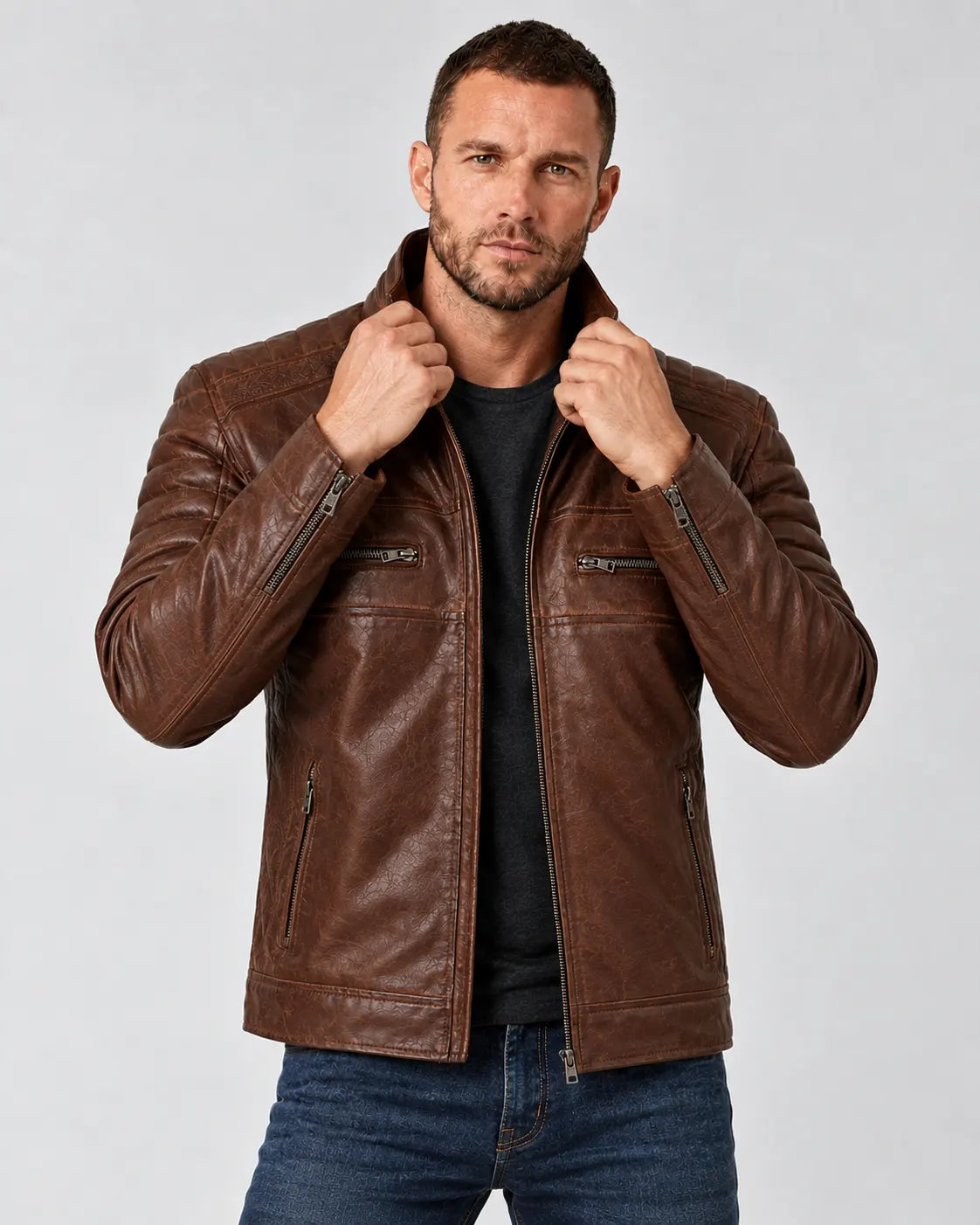 Men's Cognac Brown Cafe Racer Leather Jacket