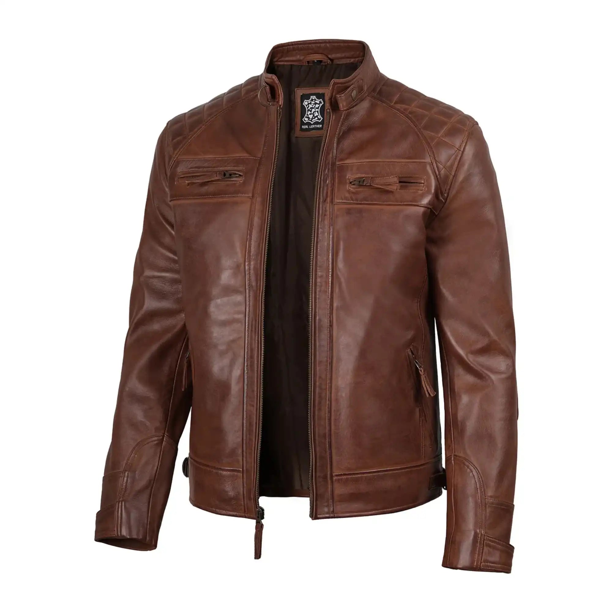 Brown leather jacket on a white background