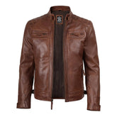 Brown leather jacket on a white background