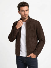 Men’s Dark Brown Goatskin Suede Biker Jacket
