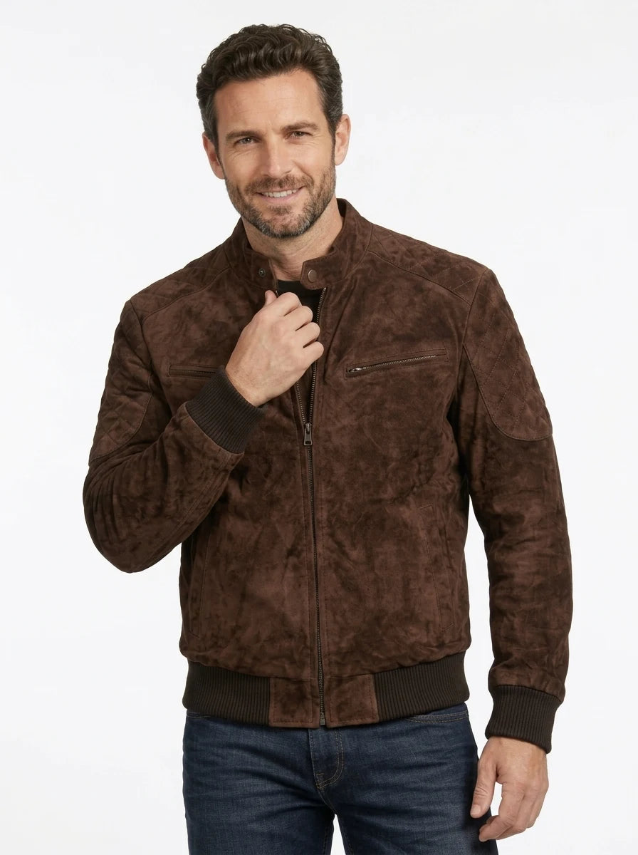 Men’s Dark Brown Mocha Suede Bomber Jacket