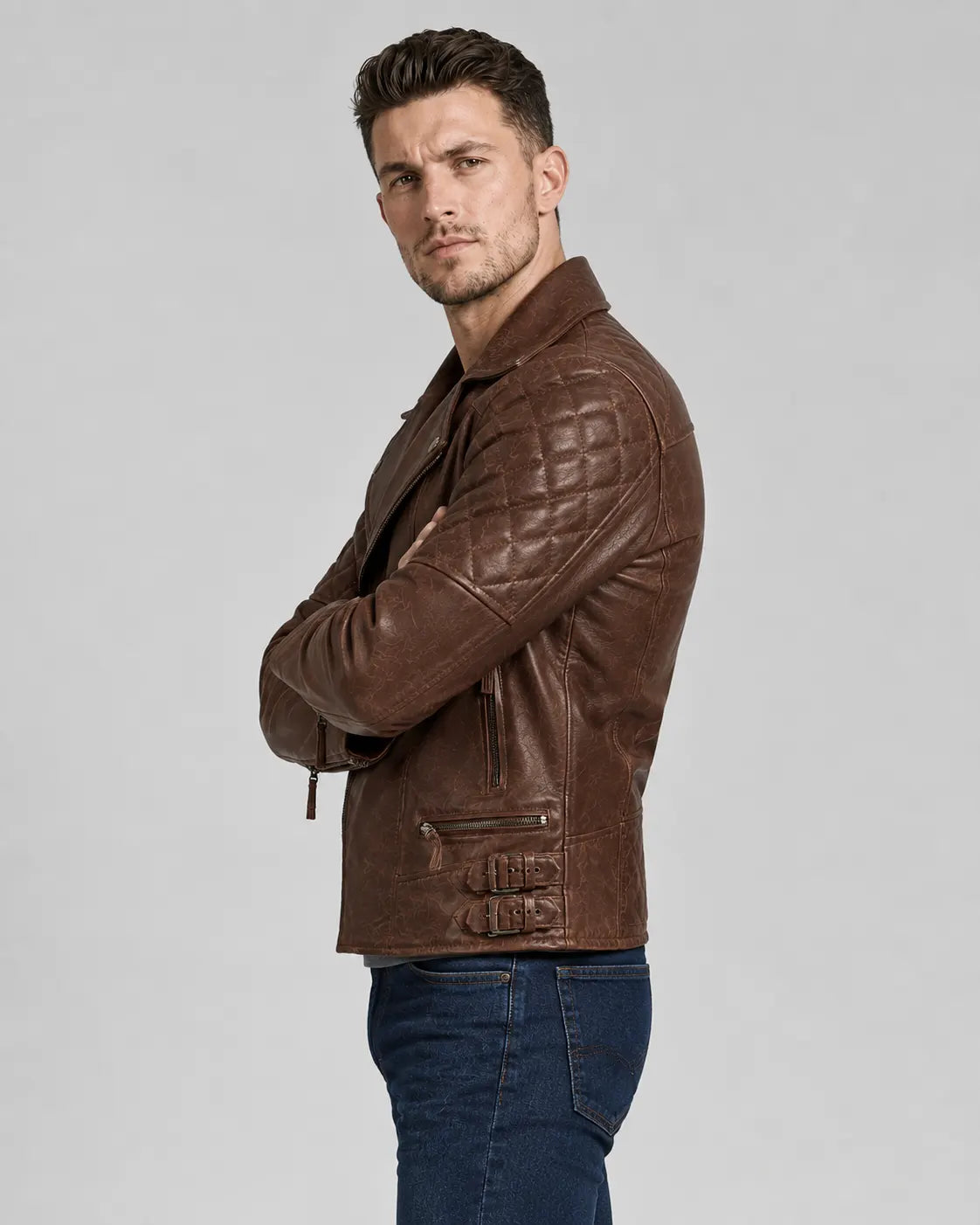 Men's Dark Brown Quilted Leather Biker Jacket