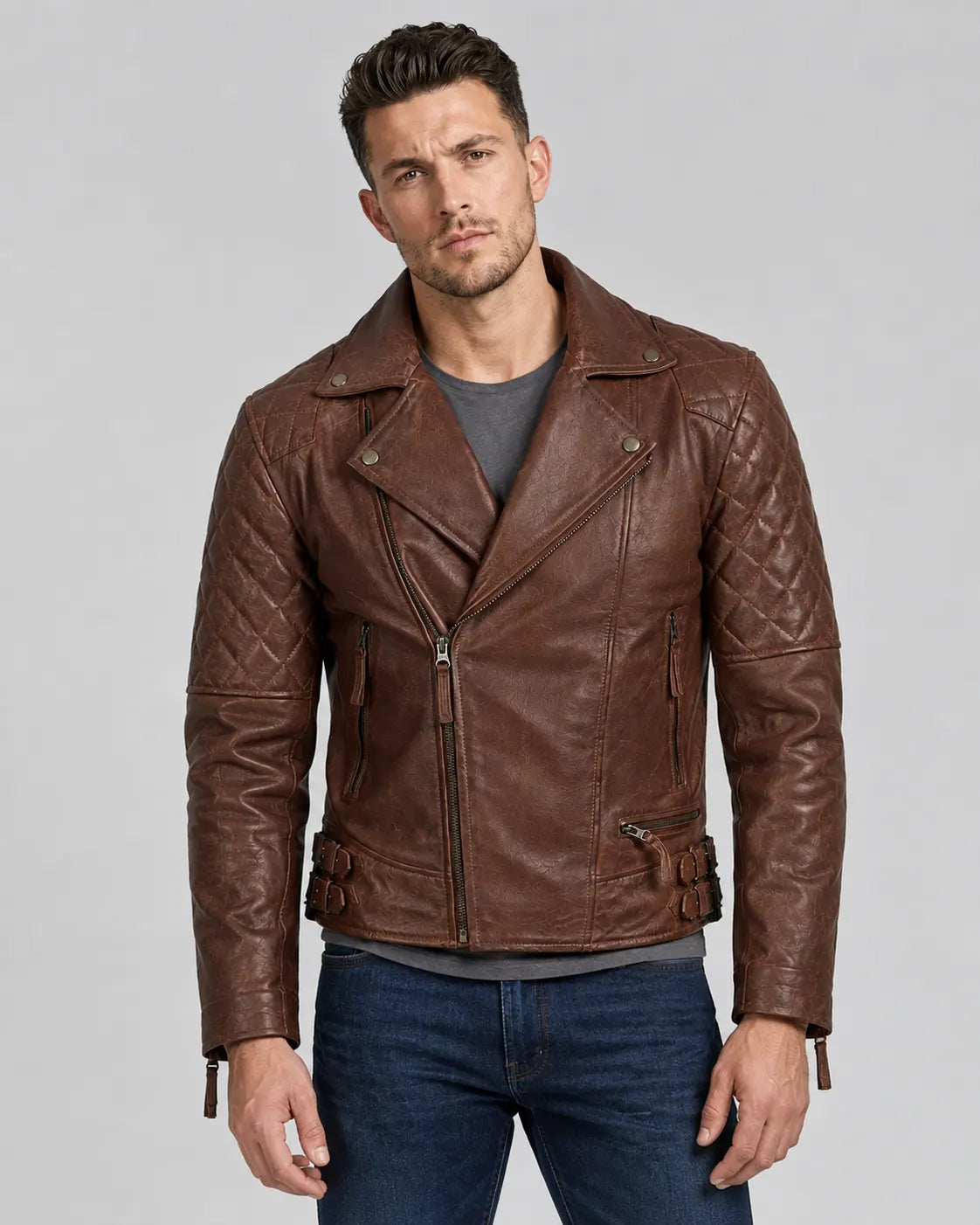 Men's Dark Brown Quilted Leather Biker Jacket