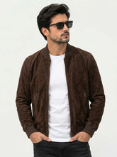 Men’s Dark Brown Suede Bomber Leather Jacket